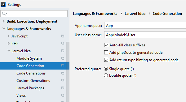 Code generation settings